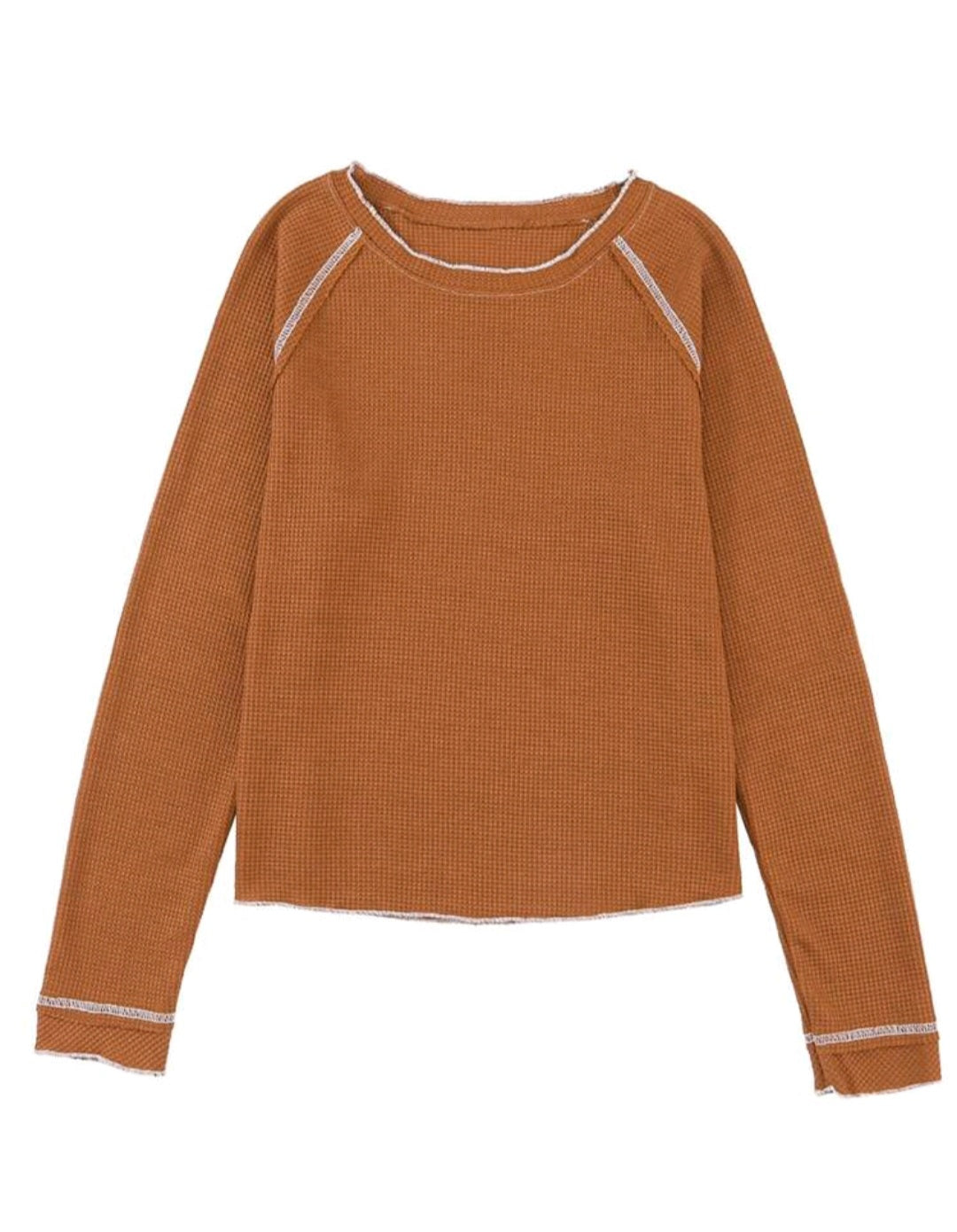 BURNT ORANGE LONG SLEEVE RAW EDGE WAFFLE TOP