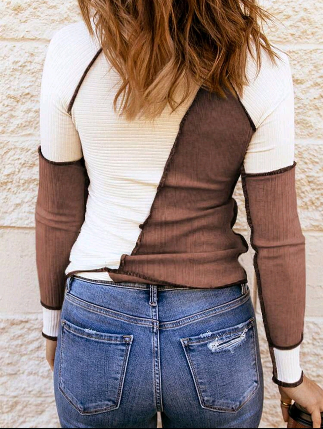 Colorblock Top-stitching Ribbed long sleeve Knit Tee