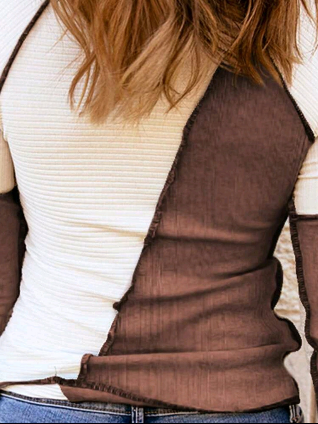 Colorblock Top-stitching Ribbed long sleeve Knit Tee