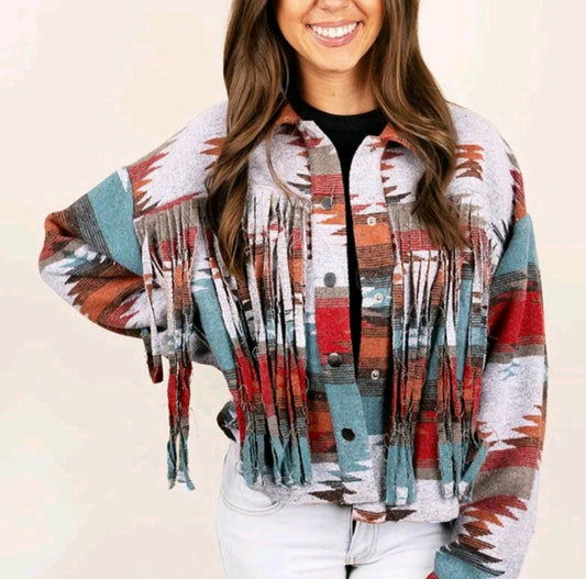 Aztec bohemian style outerwear fringe short button-up womens jacket with collar