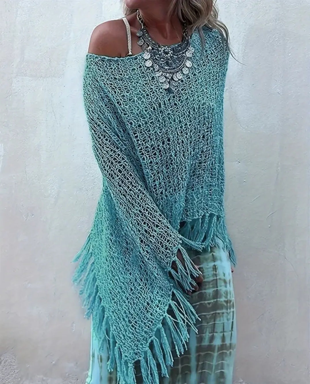 Fringe Hem spring poncho in white or turquoise