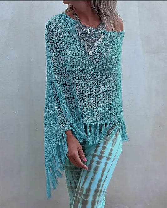 Fringe Hem spring poncho in white or turquoise