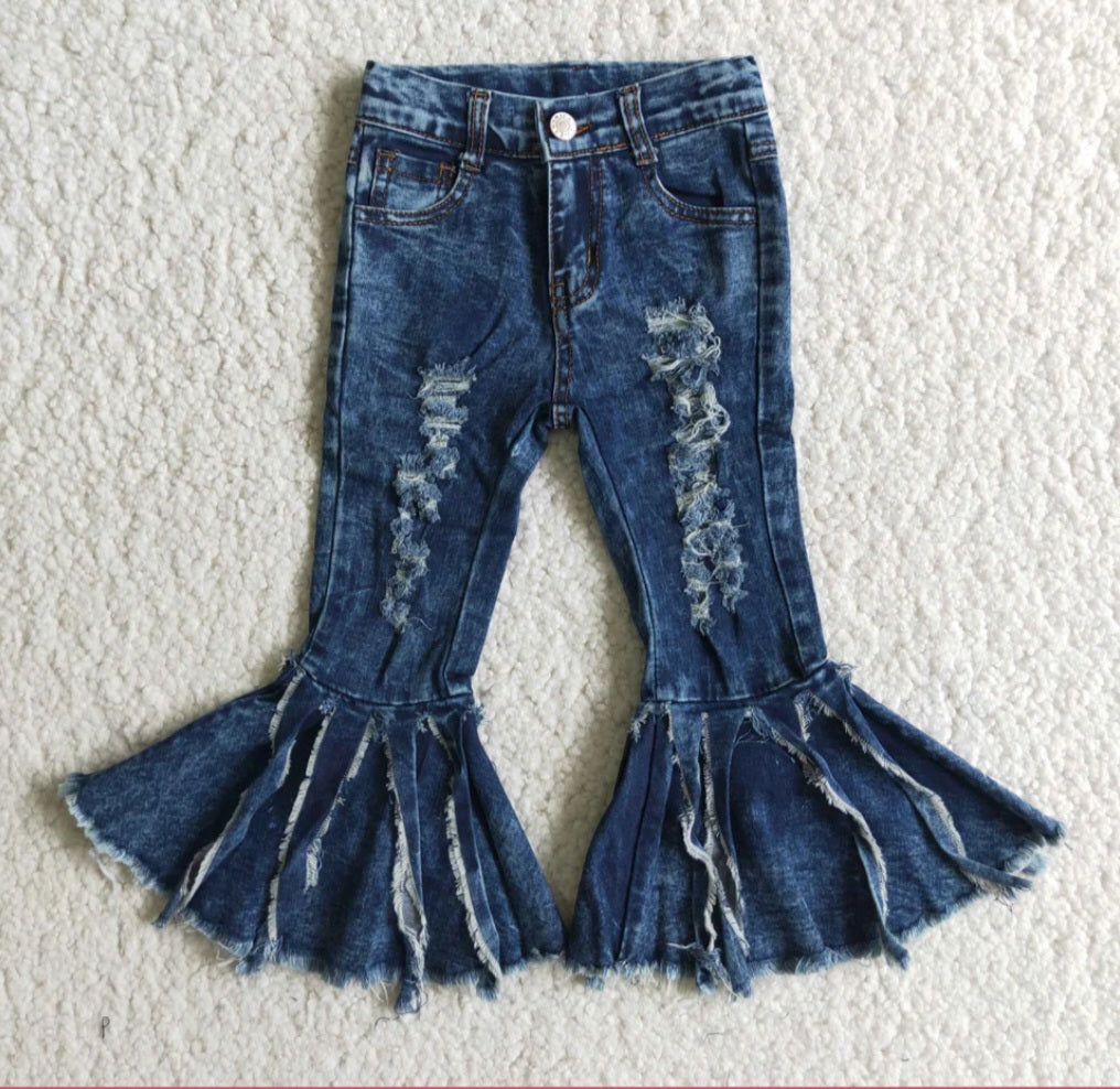 Girls Fashion Ripped acid washed Jeans Denim Flared Pants With Tassel Fringe