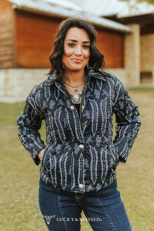 Black Bootstitch Printed Quilted Jacket W Front Pockets