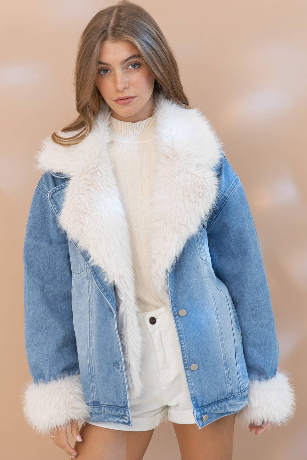 Fur Collard Cuff Over sized Washed Denim Jacket.