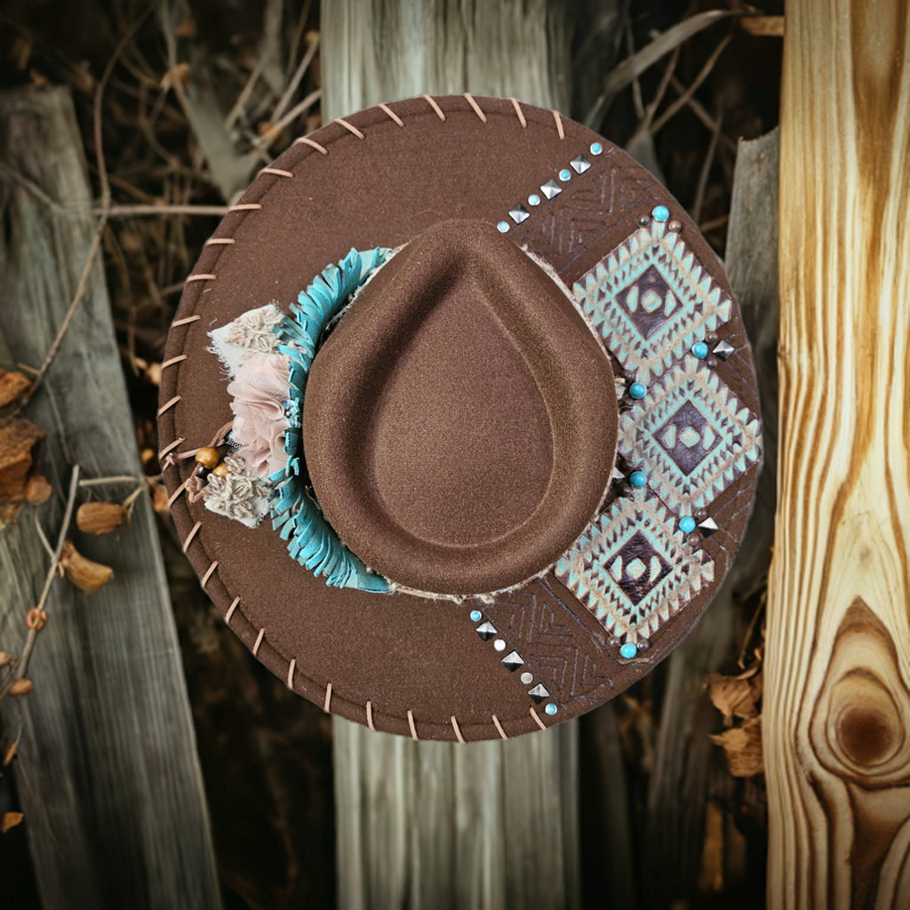 Handcrafted Brown Felt Western Hat with Turquoise Aztec Leather & Whipstitch Brim