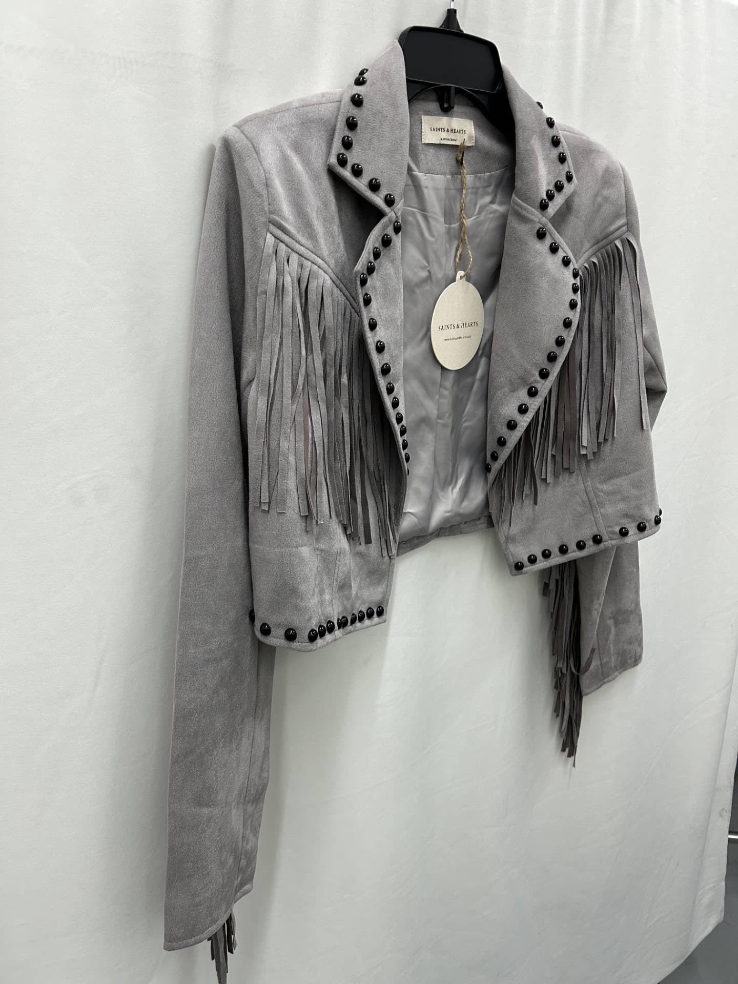 GREY SEUDE FRINGE STUDDED JACKET