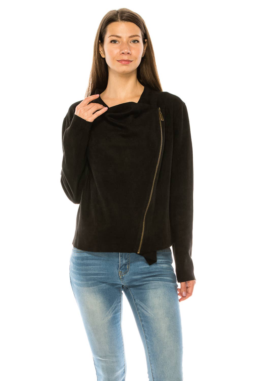 BLACK SUEDE ZIP ASYMMETRICAL JACKET