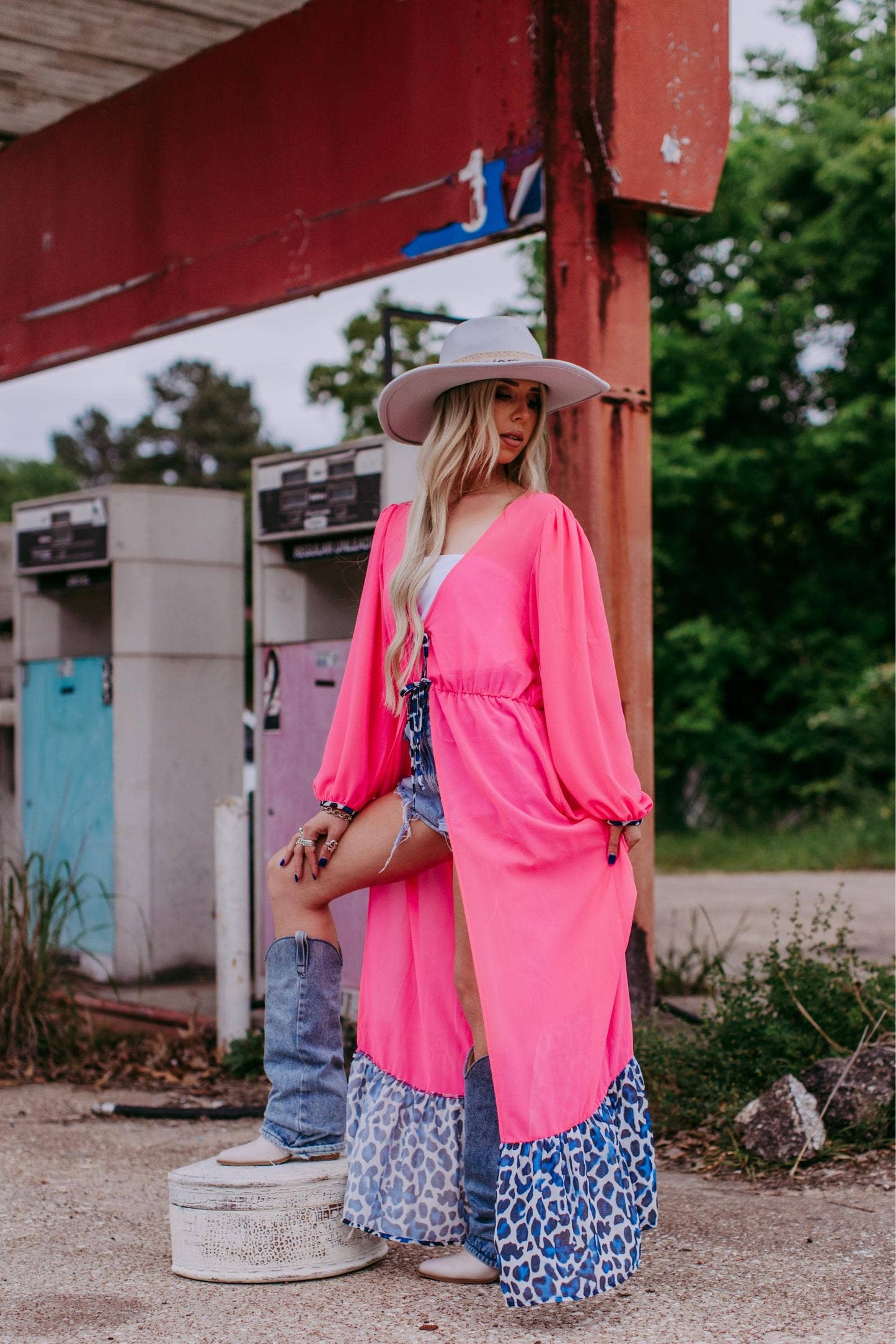Western Pink Chiffon Duster with Leopard Print Ruffle Hem