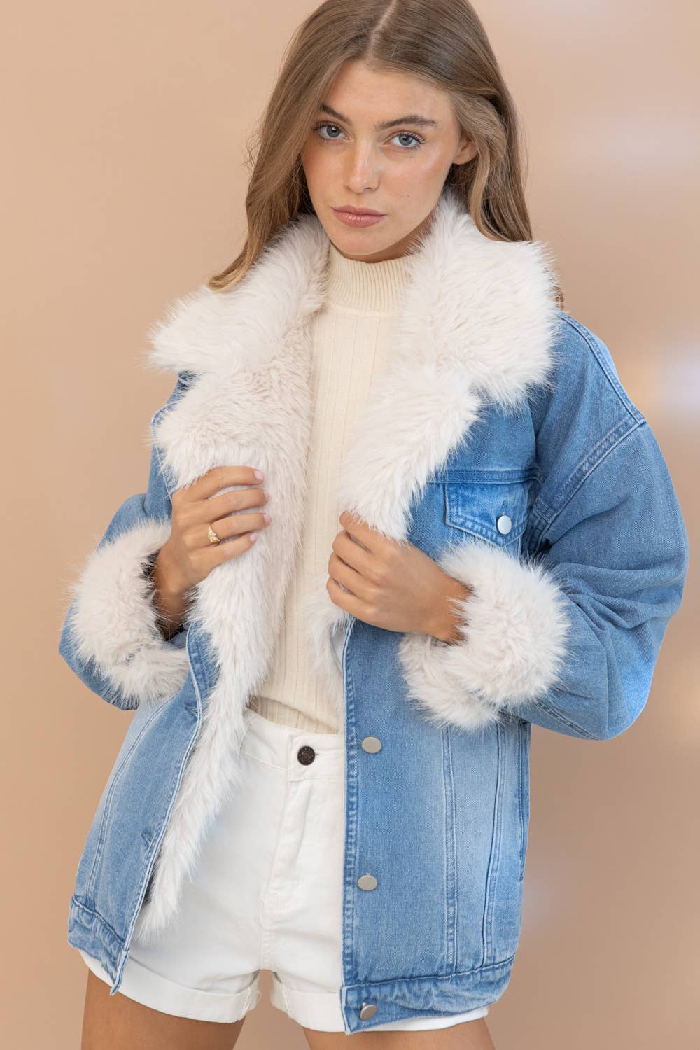 Fur Collard Cuff Over sized Washed Denim Jacket.