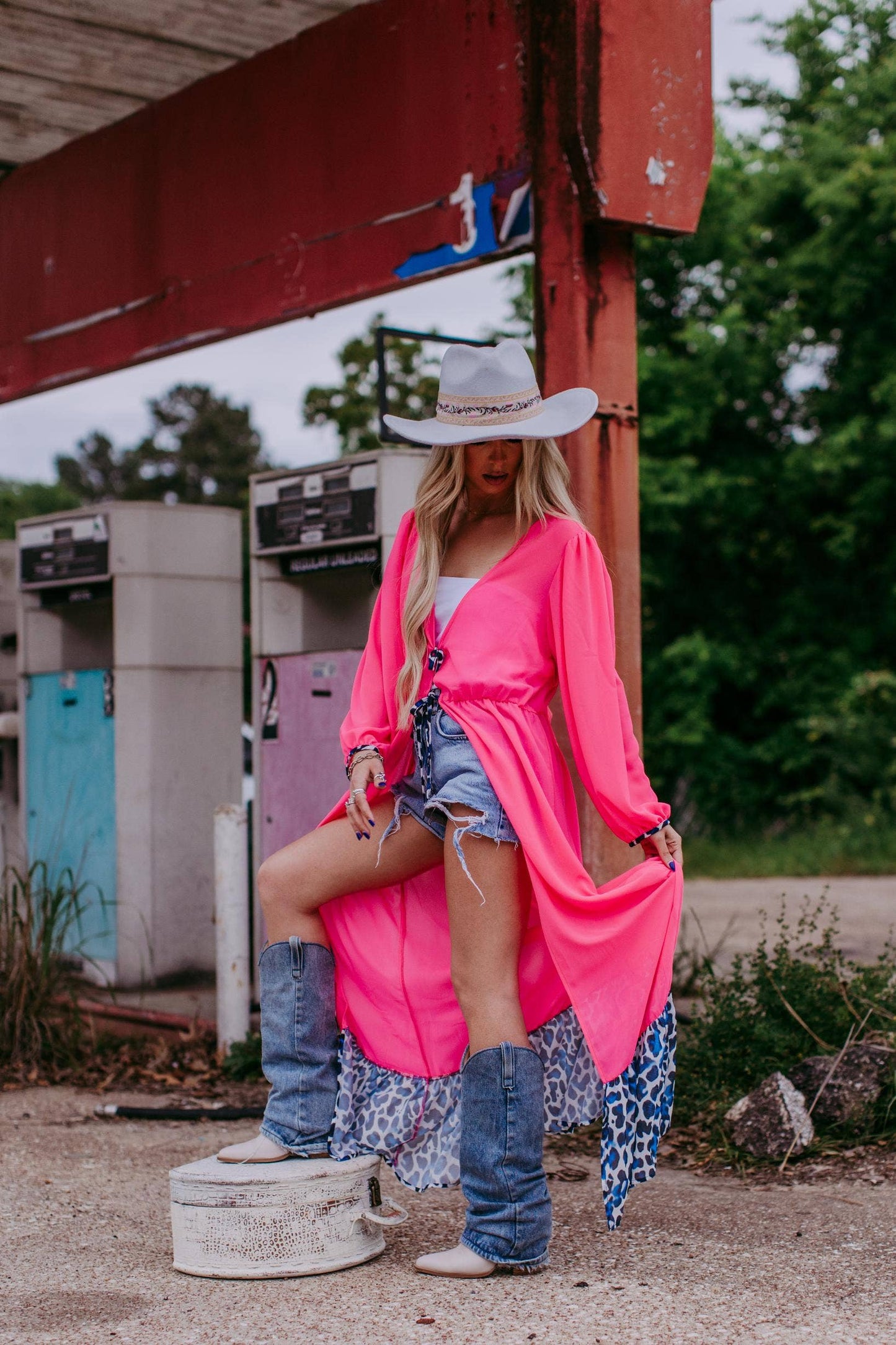 Western Pink Chiffon Duster with Leopard Print Ruffle Hem