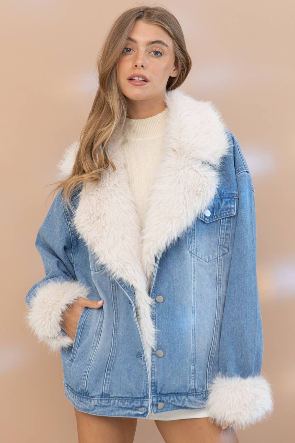 Fur Collard Cuff Over sized Washed Denim Jacket.