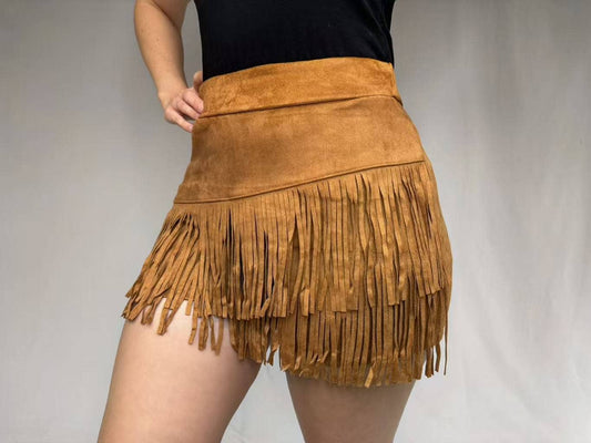 Holy Cow Vegan Suede Fringe Front Shorts - Brown
