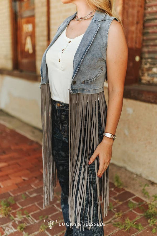 Stone Wash Grey Fringe Denim Vest