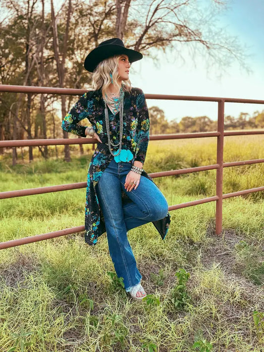 Gyspy Turquoise Floral Velvet Top