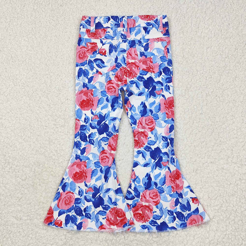 Aier Wholesale - Baby Girls Blue Leaves Pink Flowers Bell Flare Denim Pants