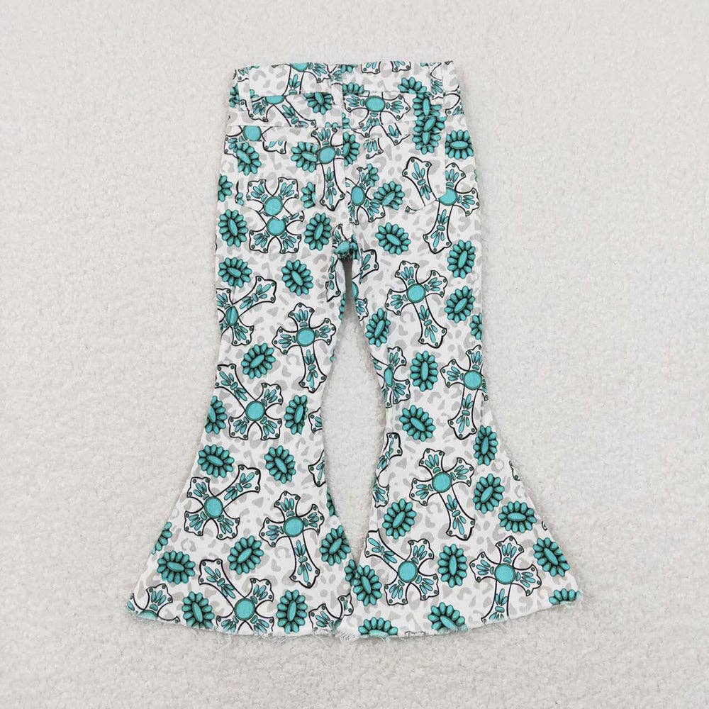 Aier Wholesale - Baby Girls Easter Cross Turquoise Bell Flare Denim Pants Jea