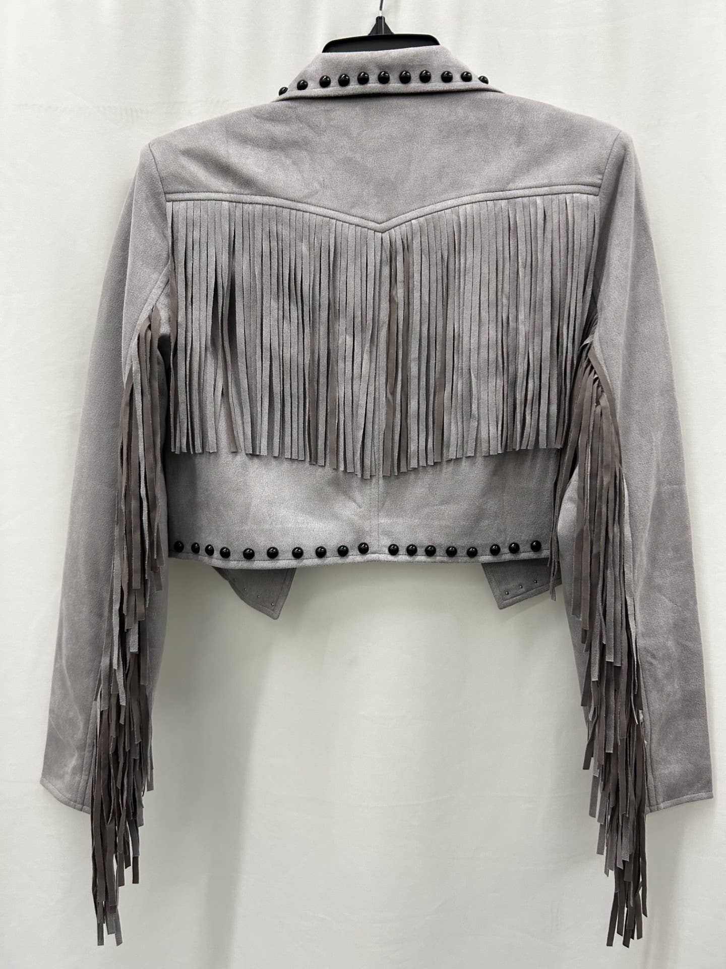 GREY SEUDE FRINGE STUDDED JACKET