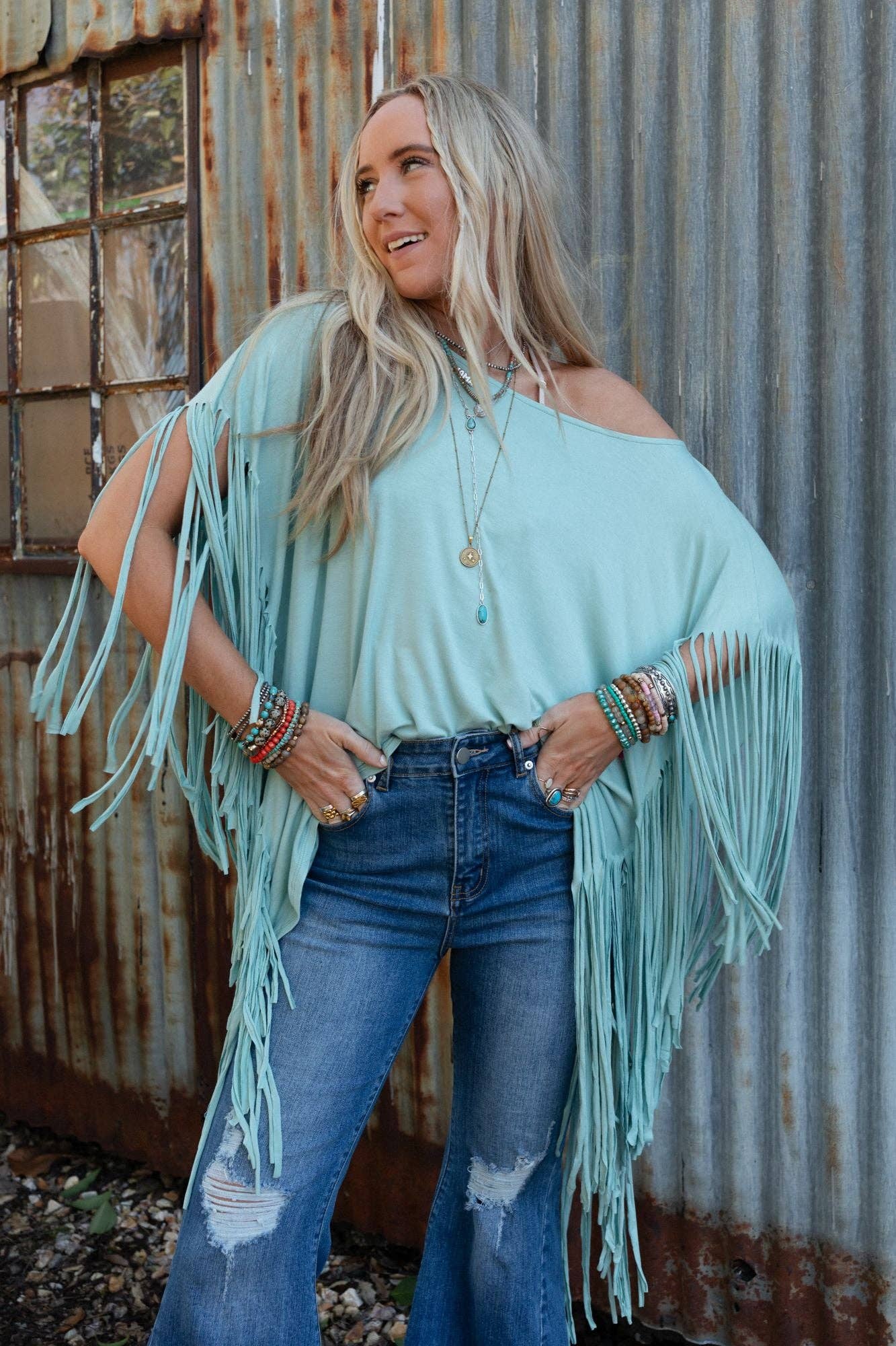 Showstopper Fringe Top - Washed Turquoise