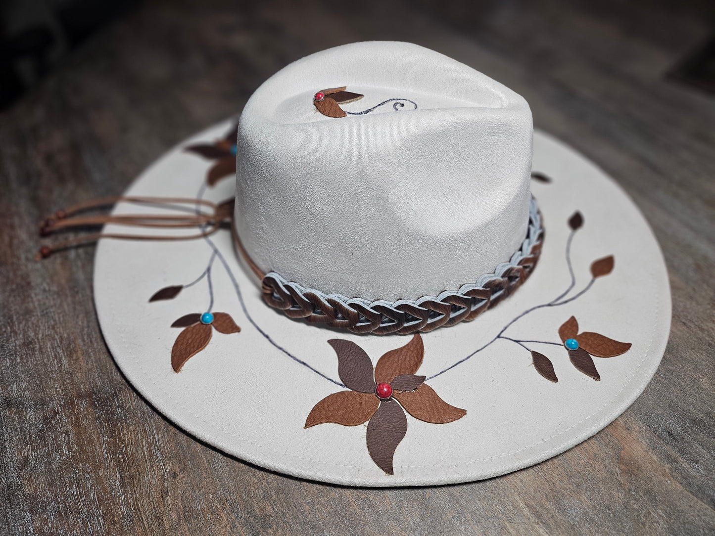 Meet "Virginia Bell" hand burned fedora with leather flowers