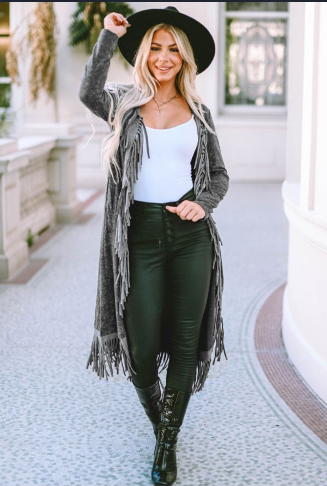 Long open front pocket Fringe tassel cardigan jacket