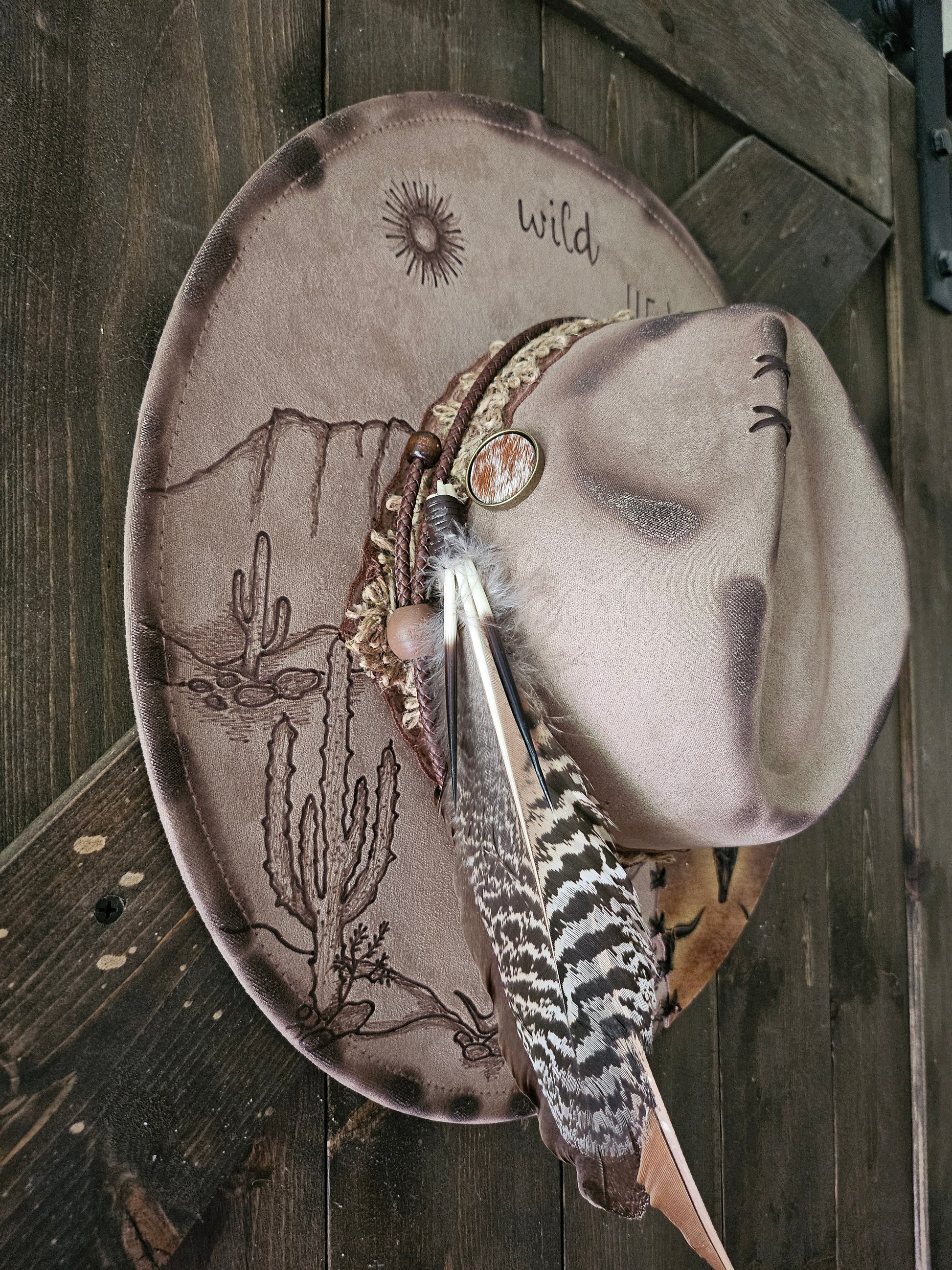 Wild heart desert scape burned Fedora cowboy hat.
