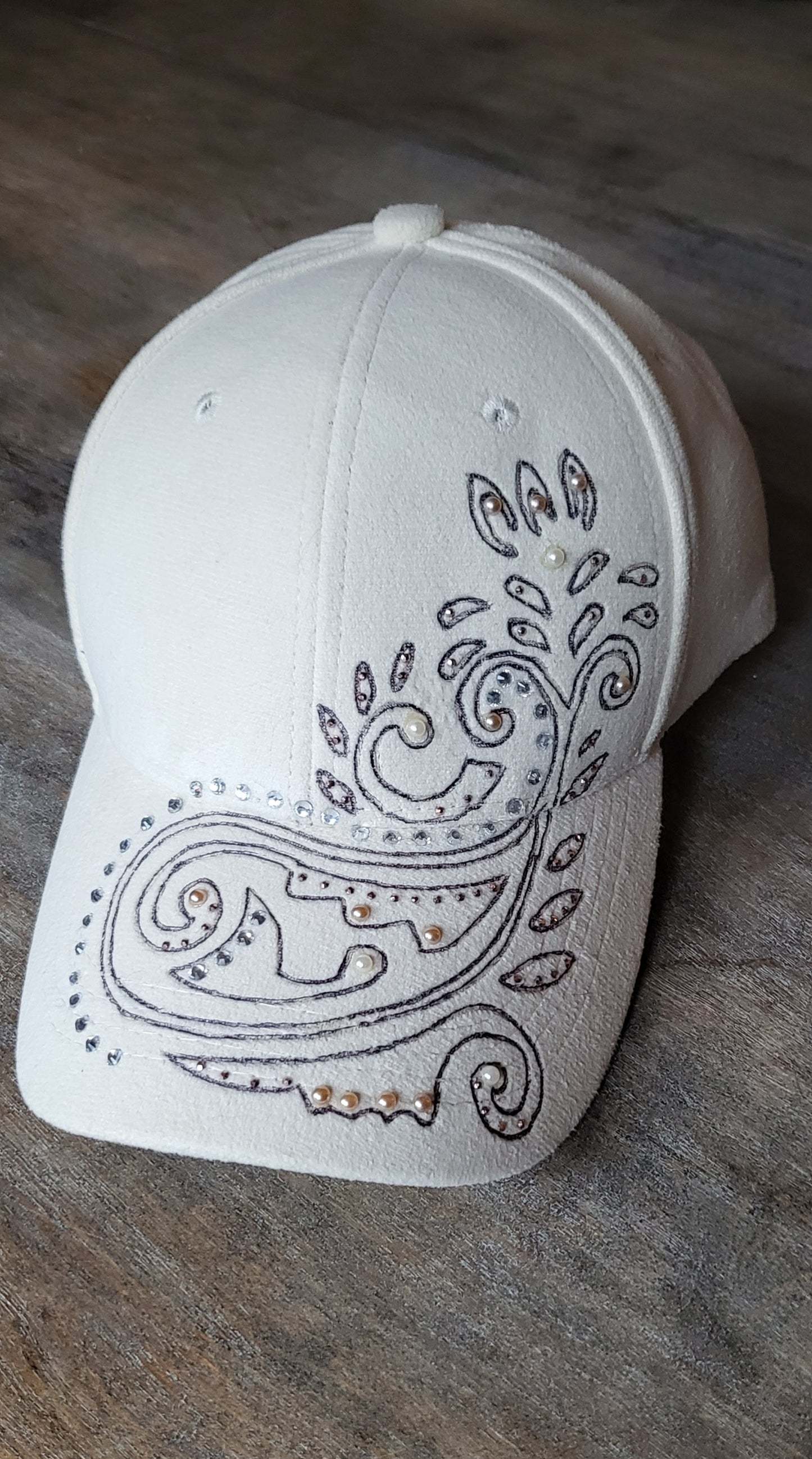 Rhinestone and pearls hand burned baseball cap in ivory faux suede