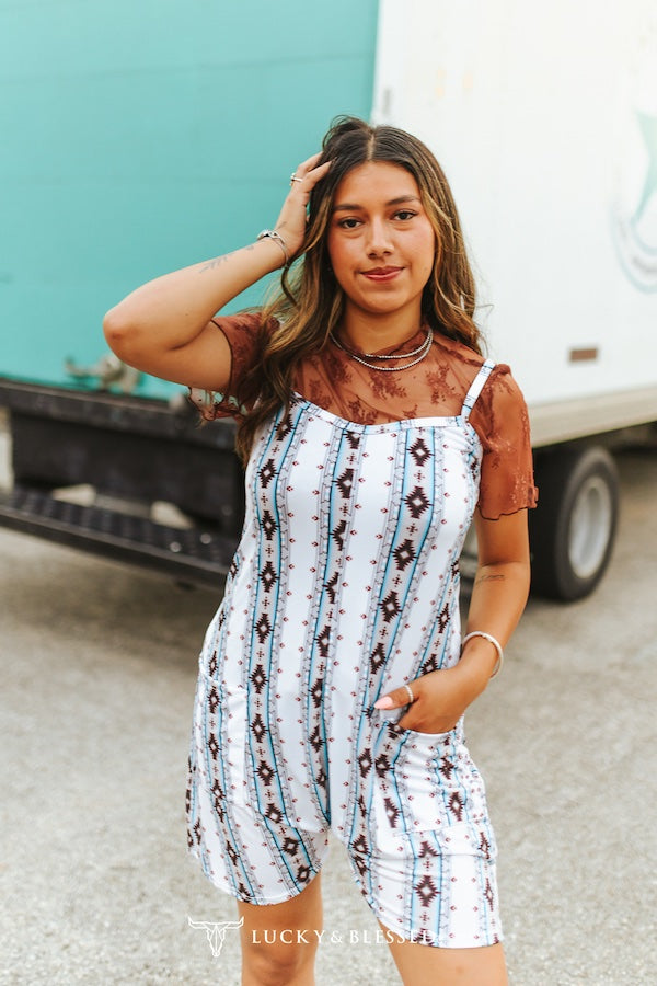 White Aztec Spaghetti Strap Romper