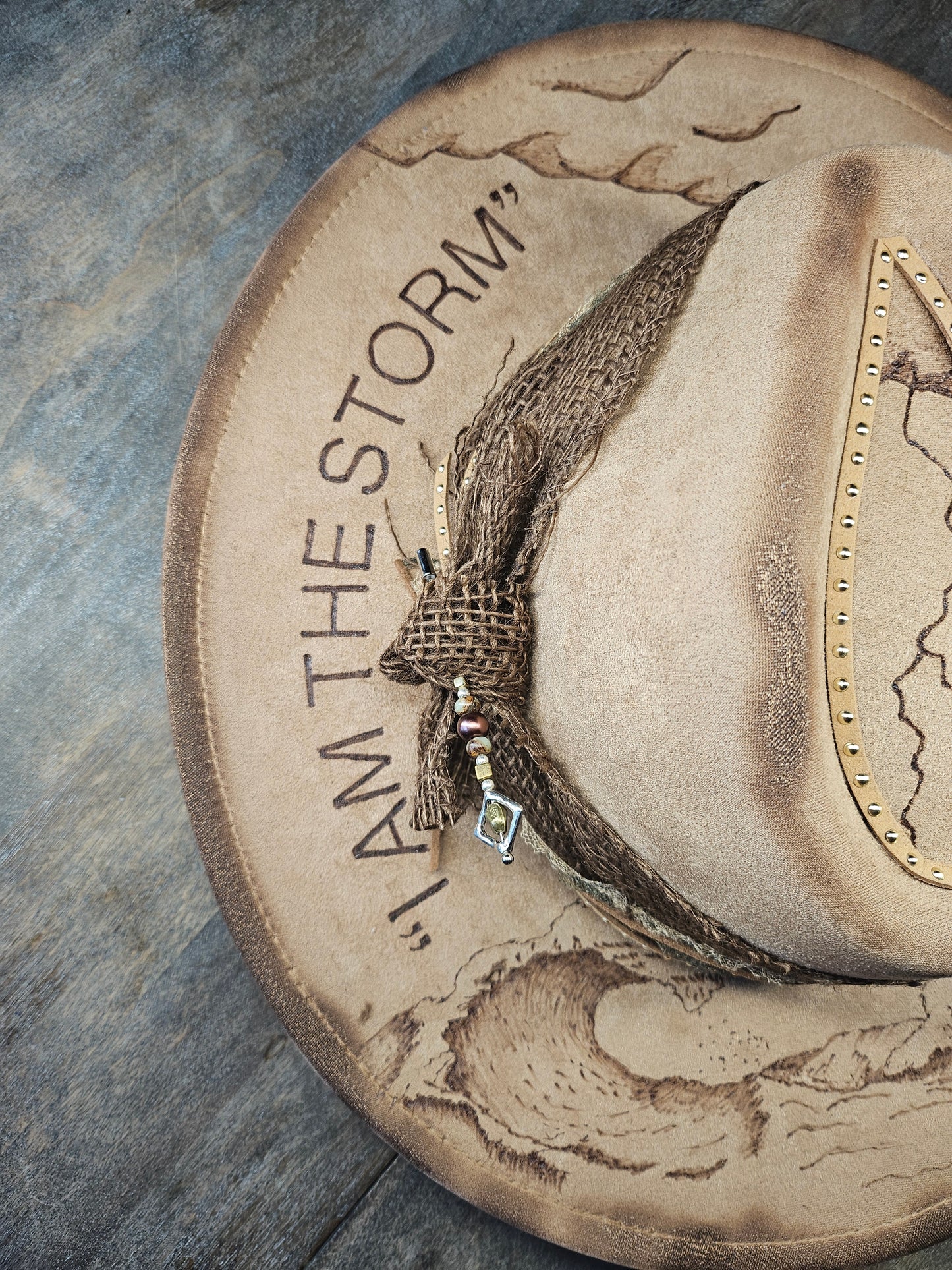 Beige fedora cowboy hat "I am the storm" faux suede