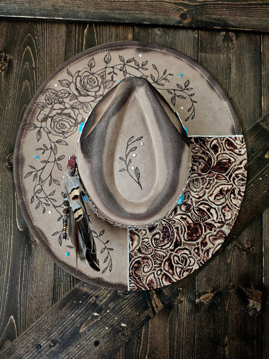 Hand burned fedora and leather cowboy hat