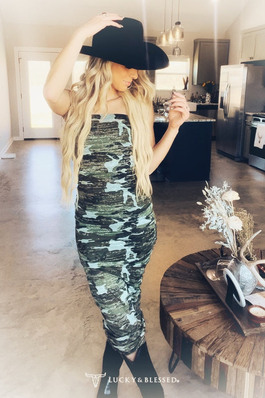 Camo Burnout Printed Ruched Strapless Maxi Dress
