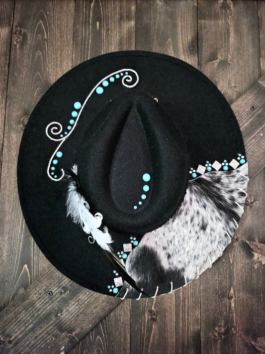 Black Western Cowhide Fedora Hat with Turquoise Accents and Rhinestones