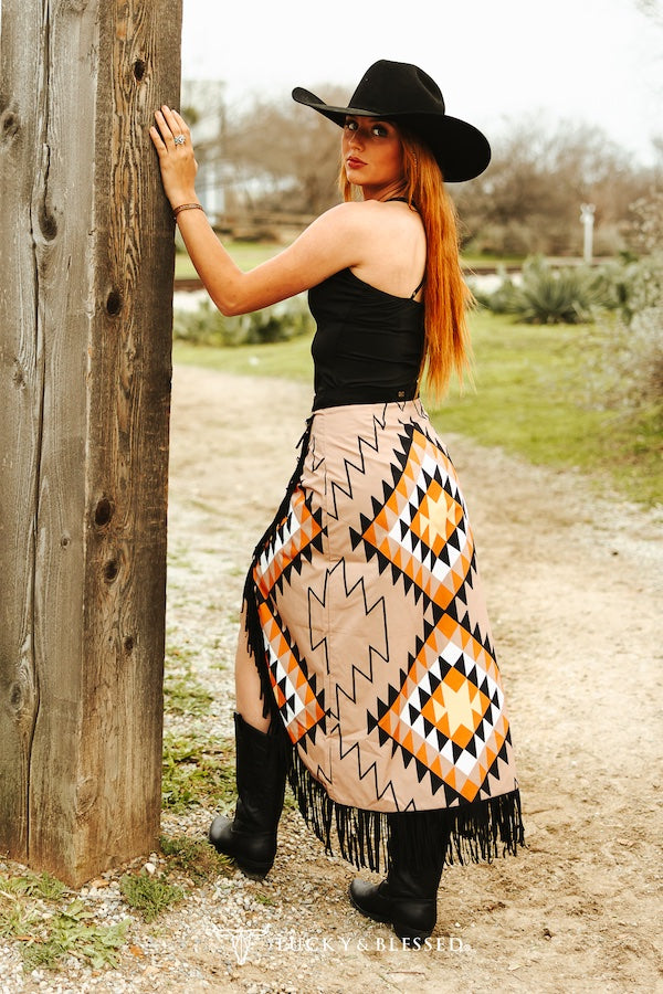 Aztec Fringe Asymmetrical Wrap Skirt