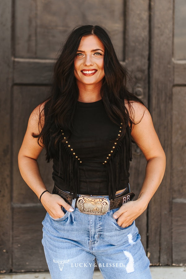 Black Suede Front V Fringe Stud Top