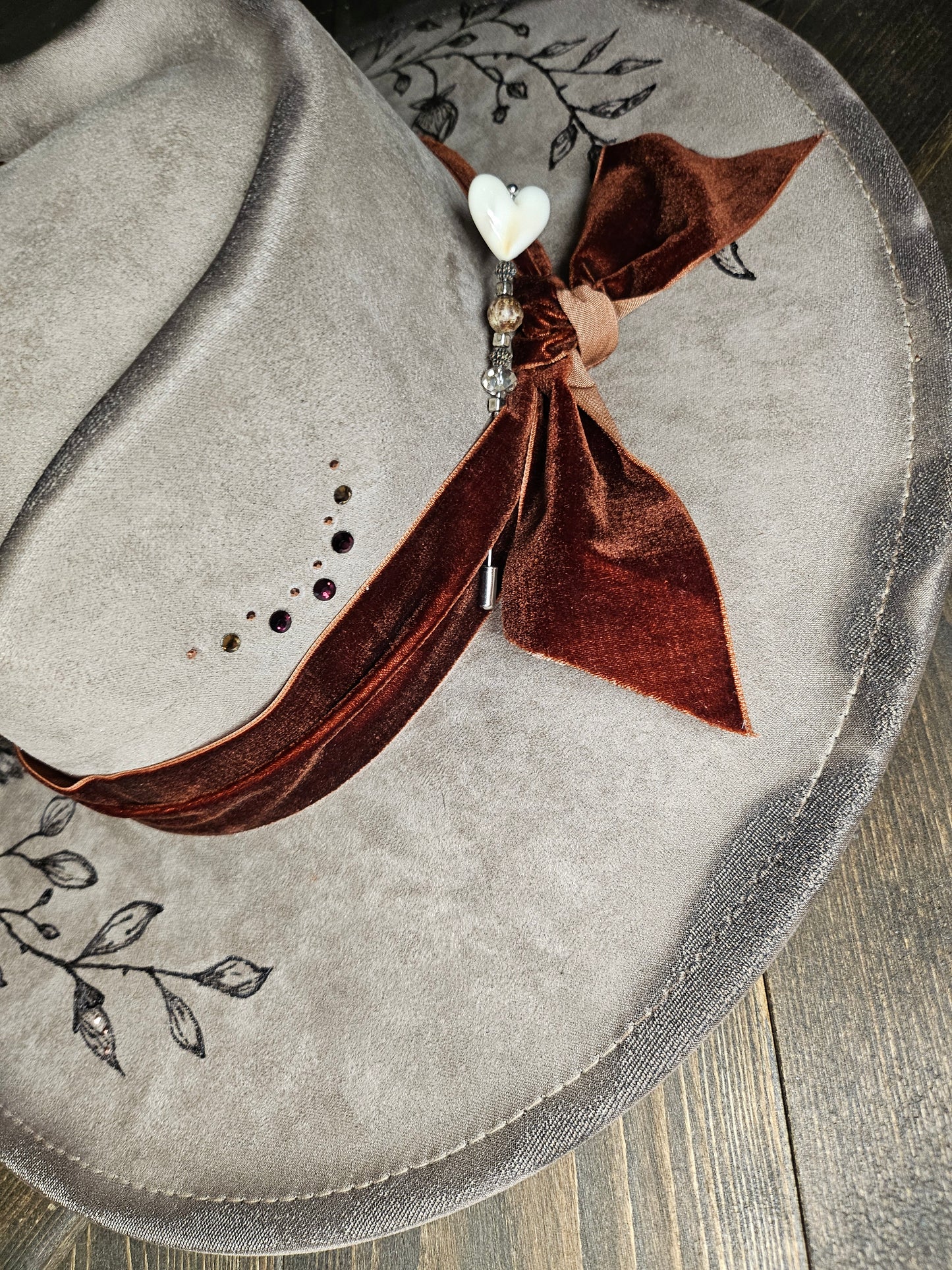 Beige valentines heart fedora  custom hand burned with roses and rhinestones.