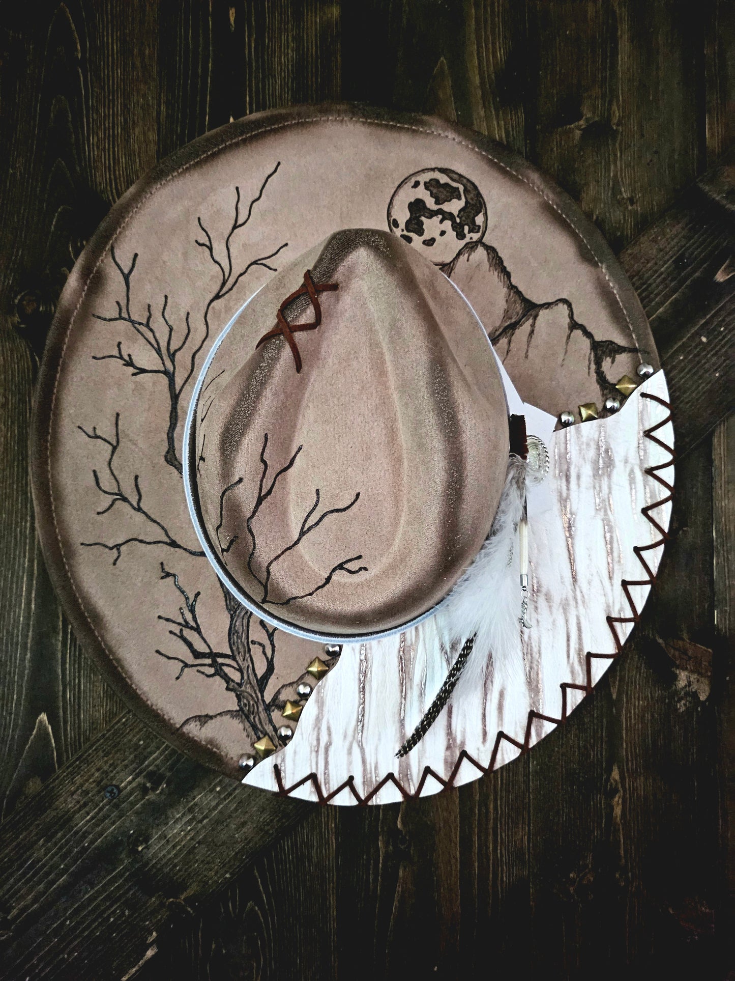 Hand Burned Western Fedora Cowboy Hat With Genuine Leather