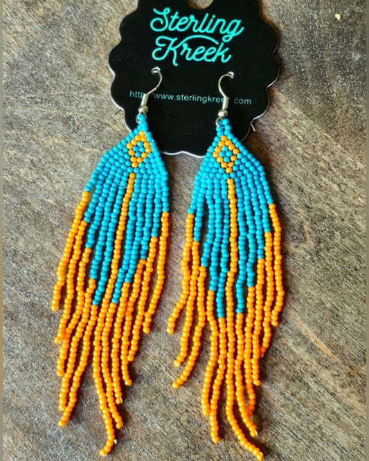 Blue and Orange Boho Beaded Tassel Earrings