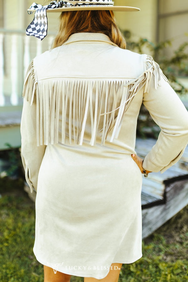 Taupe Fringe Button Down Sleeve Shirt Dress