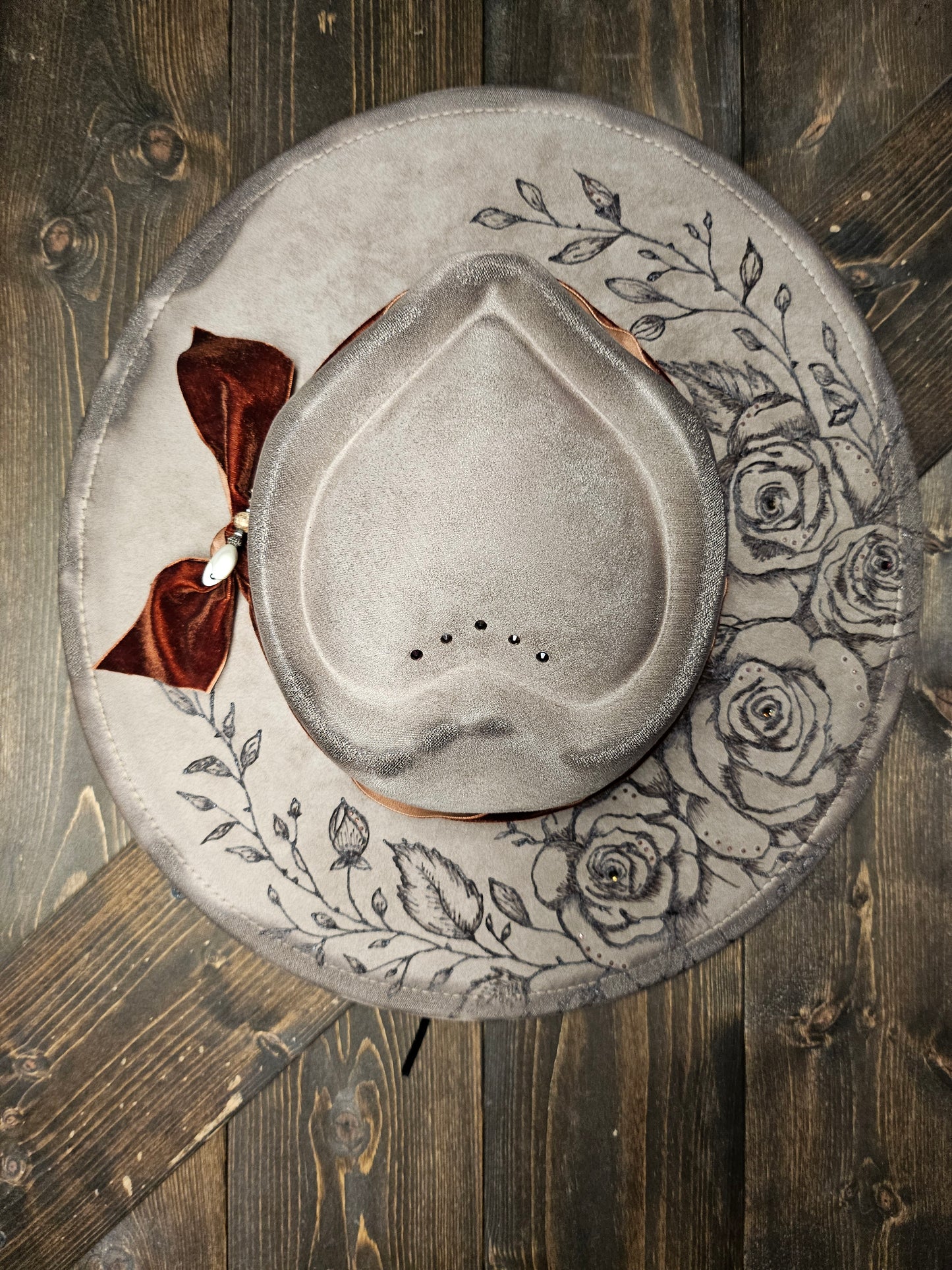 Beige valentines heart fedora  custom hand burned with roses and rhinestones.