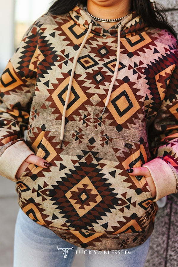 Western Brown Vintage Aztec Printed Drawstring Hoodie