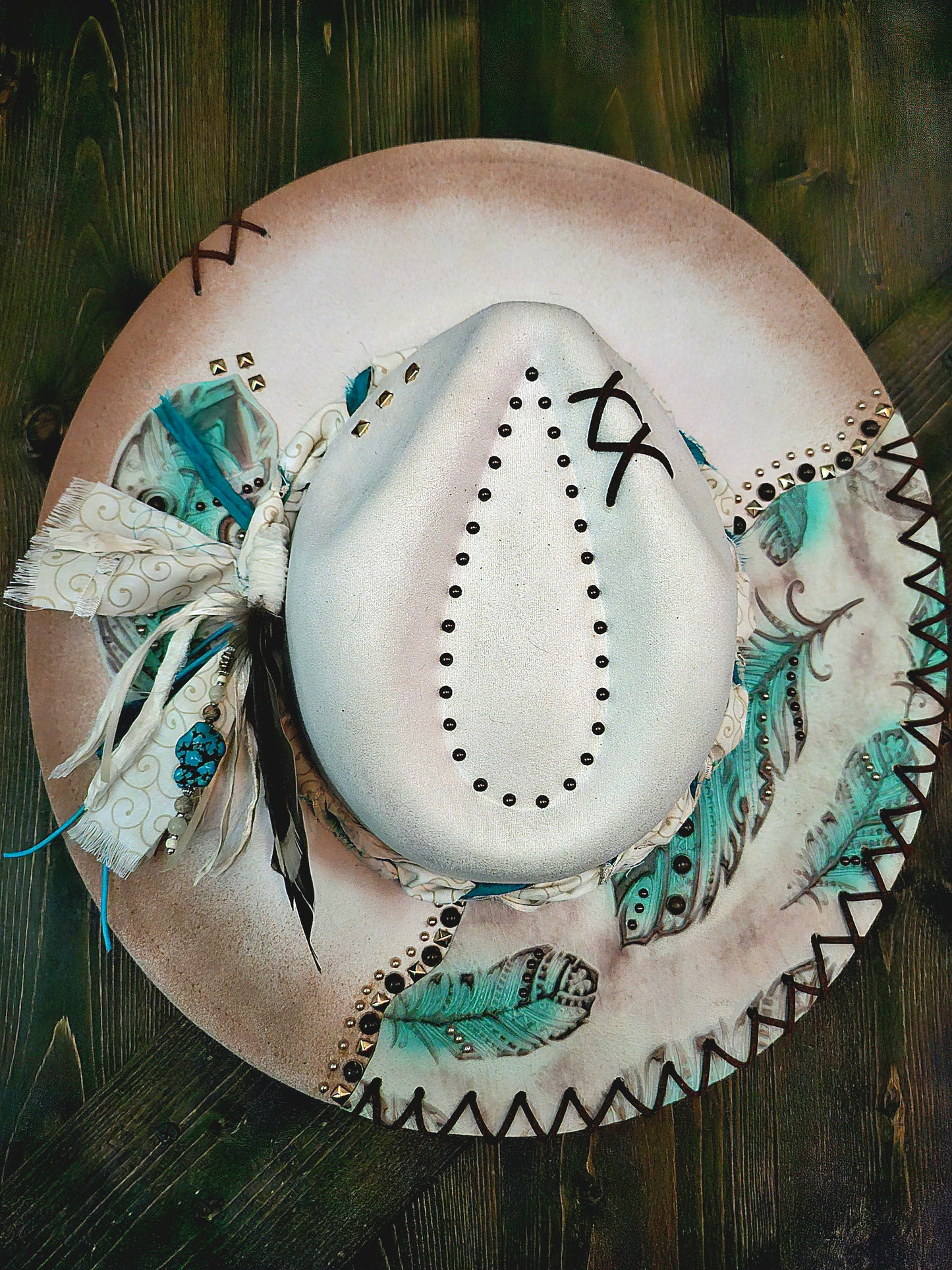 Ivory Fedora cowboy hat with embossed leather