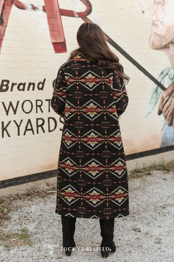 Black Aztec Fur Collar And Cuff Sleeves Long Coat