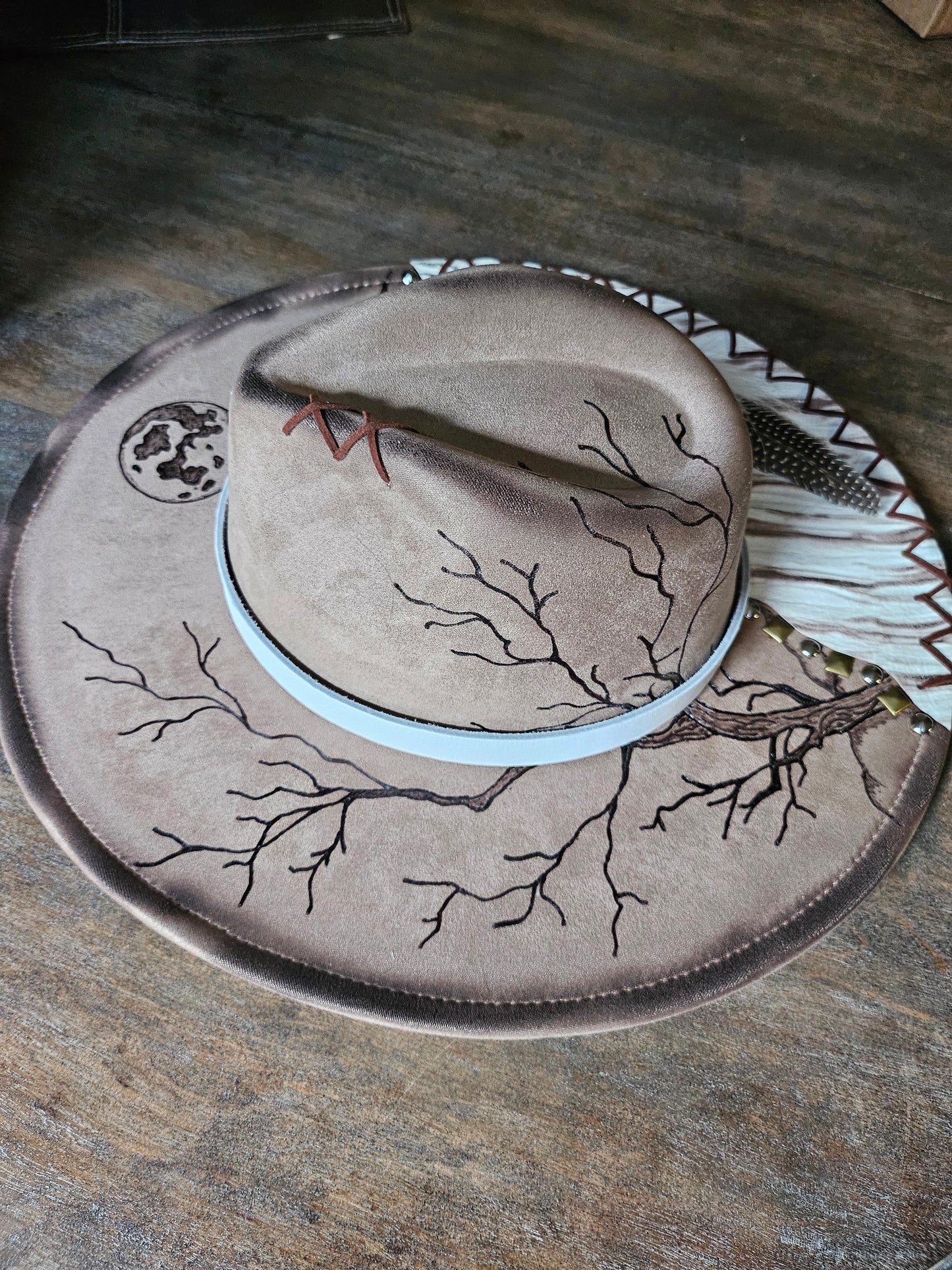 Hand Burned Western Fedora Cowboy Hat With Genuine Leather