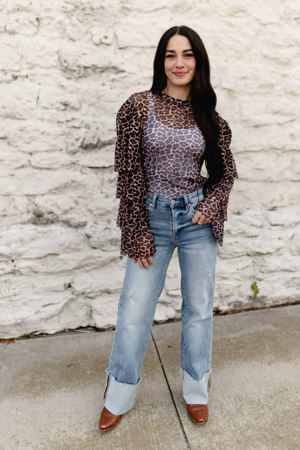 LEOPARD MESH RUFFLE SLEEVE TOP