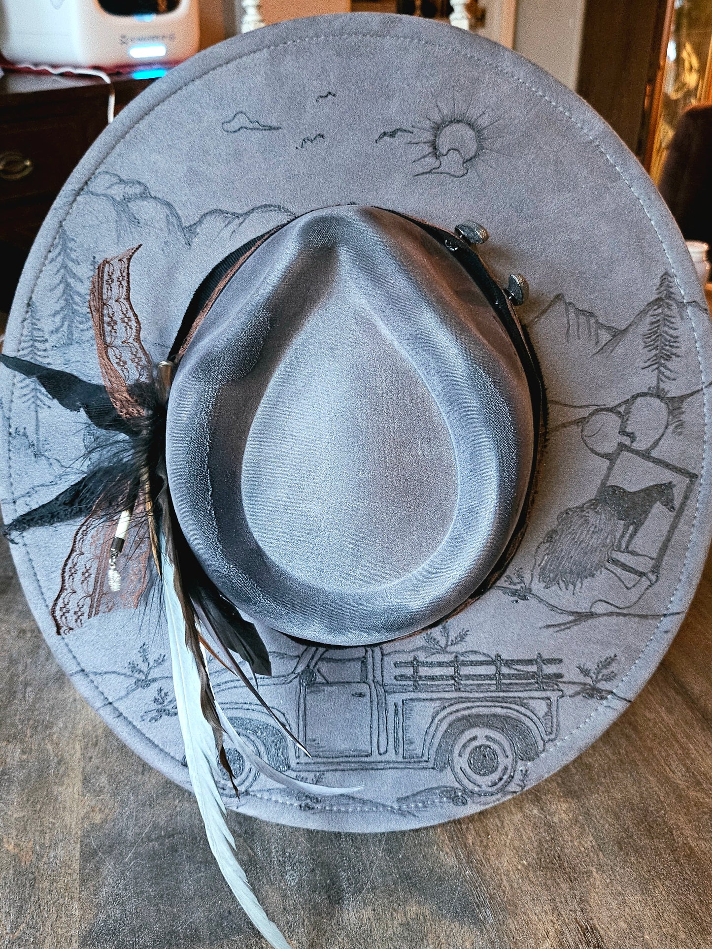 Grey hand burned fedora cowboy hat