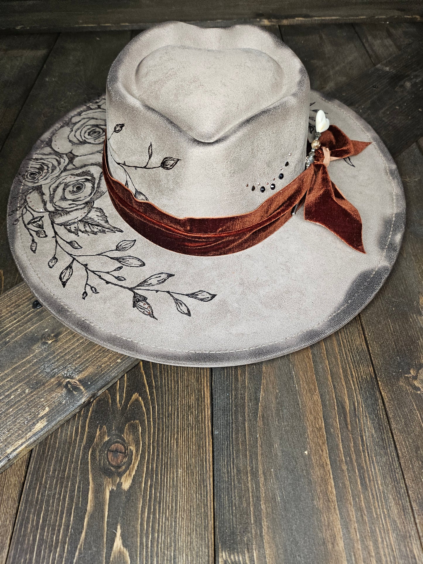 Beige valentines heart fedora  custom hand burned with roses and rhinestones.