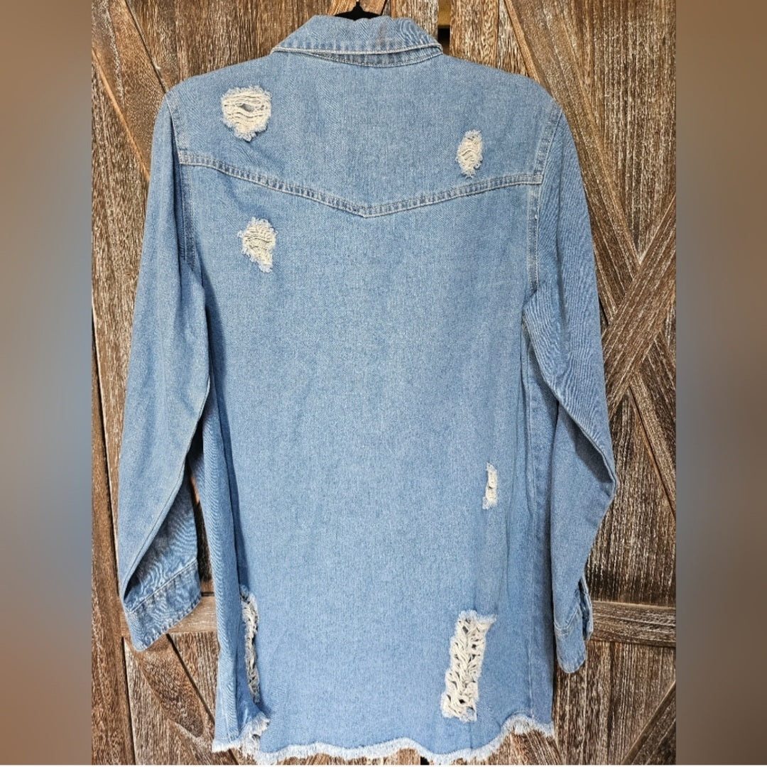 Stylish Distressed Light Blue Denim Jacket Top