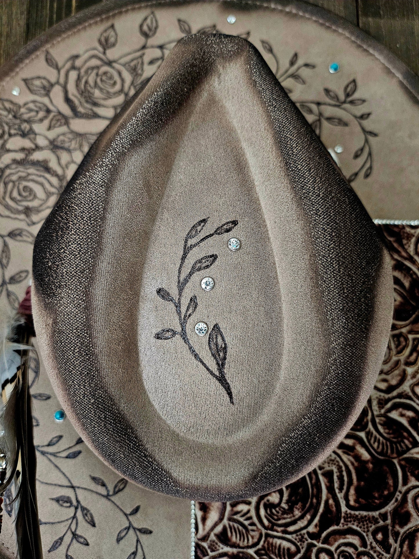 Handcrafted Western Cowboy Hat-Floral Tooled Leather & Feather Accent