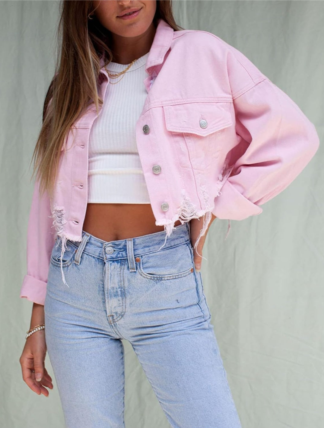 Western Pink Cropped Denim Distressed Jacket