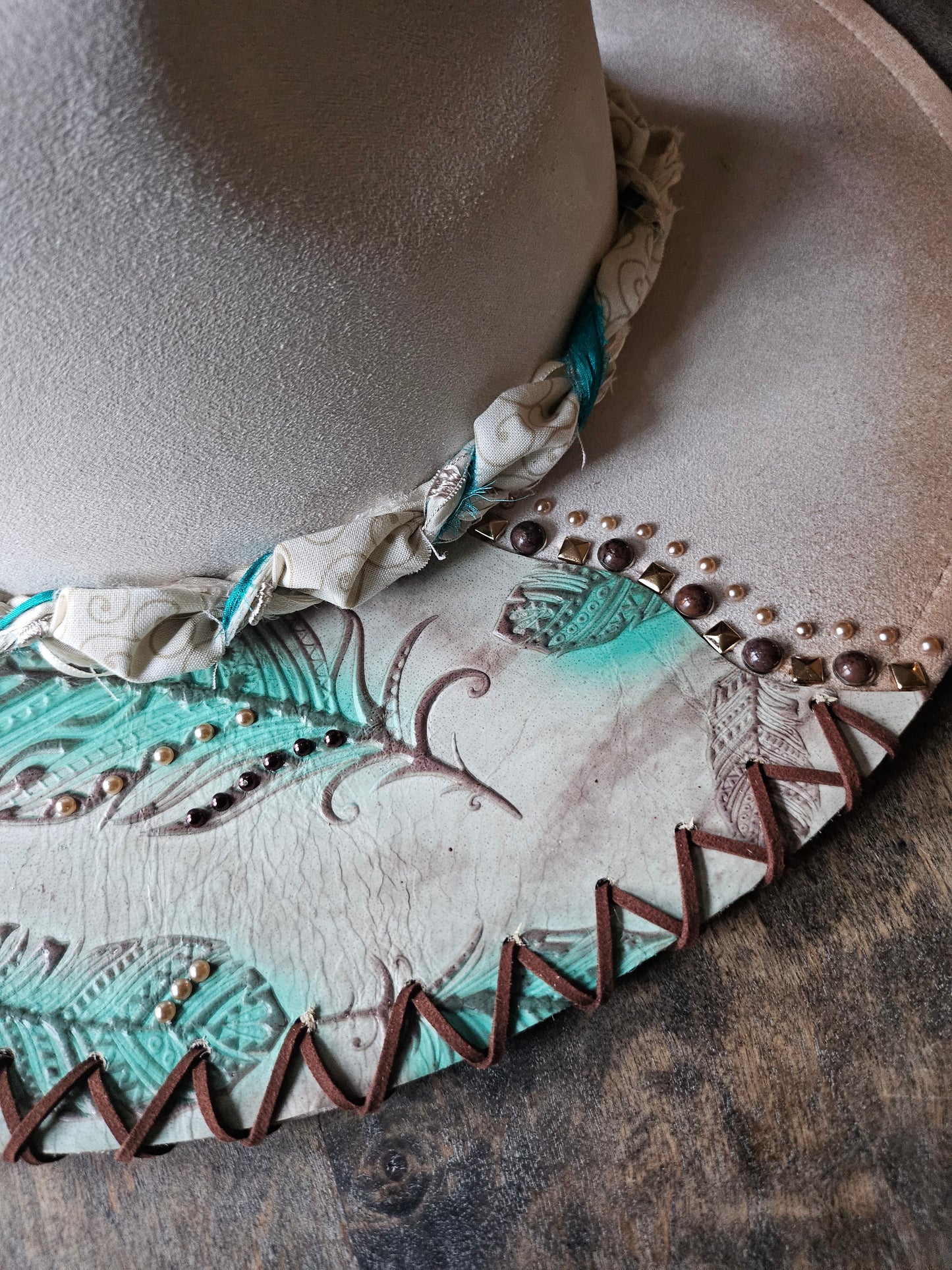 Ivory Fedora cowboy hat with embossed leather